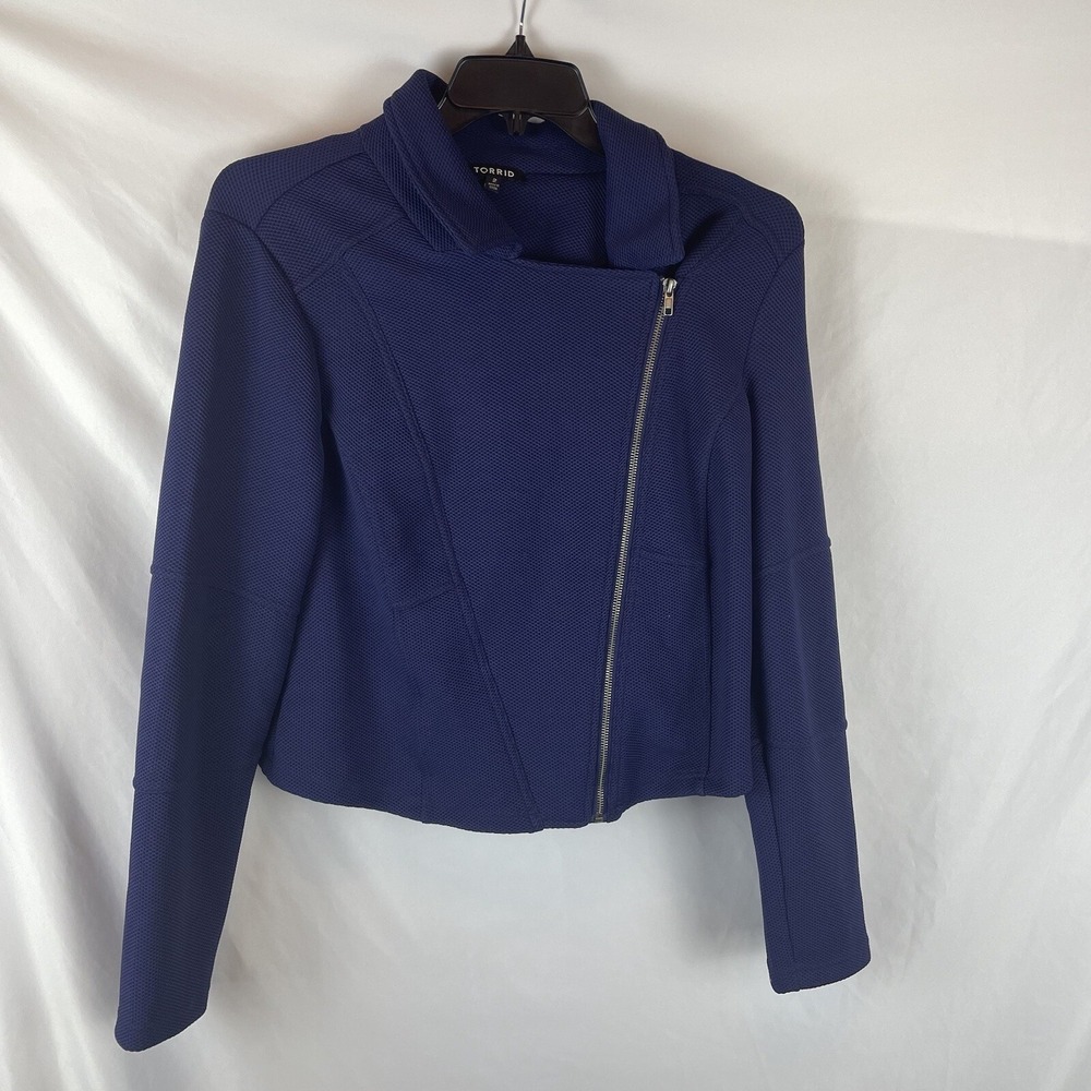 Torrid Navy Blue Textured Cropped Moto Jacket Asymmetrical Zip Size 2 Plus